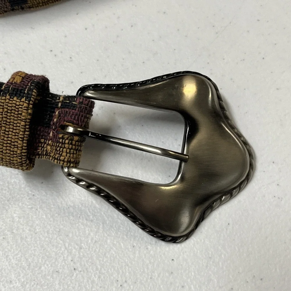 Vintage Express Belt Brown Woven Southwestern Stitched Gunmetal Buckle Tip Large